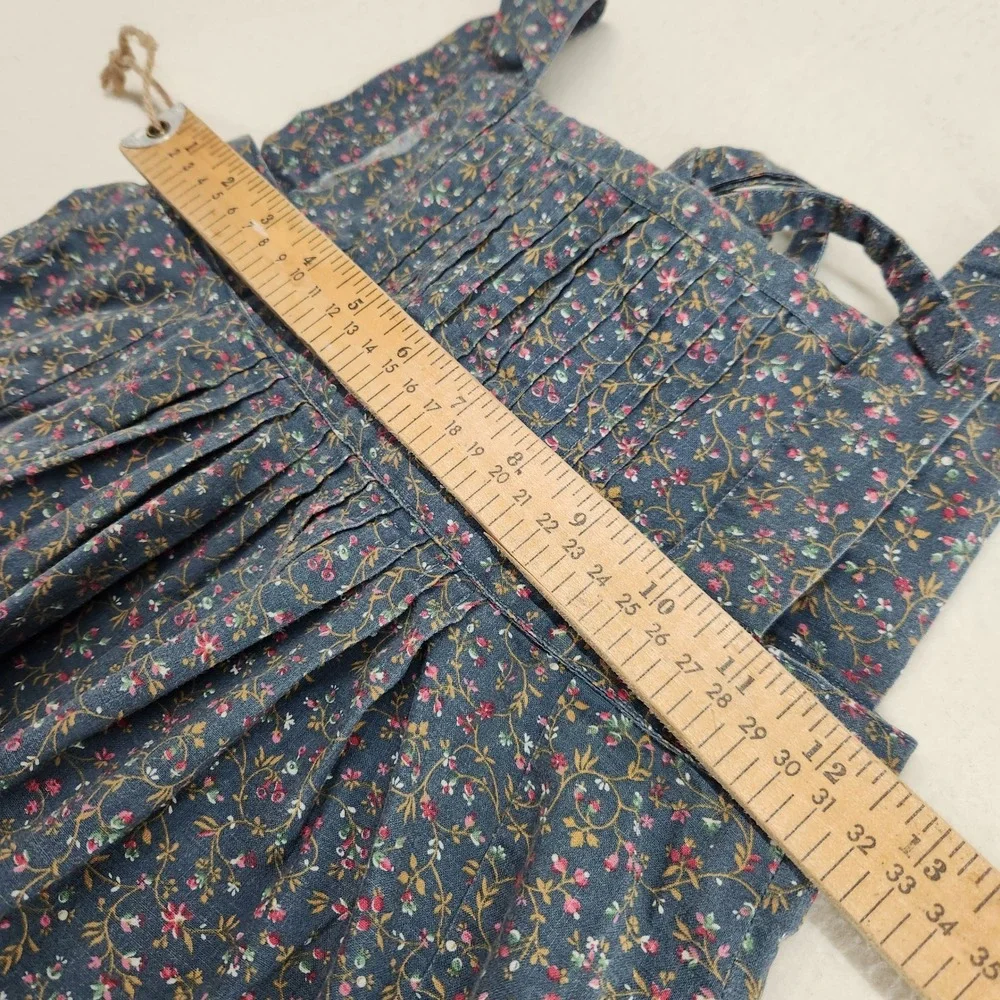 Vintage Handmade Kids Blue Cotton Floral Apron Pinafore Dress Small